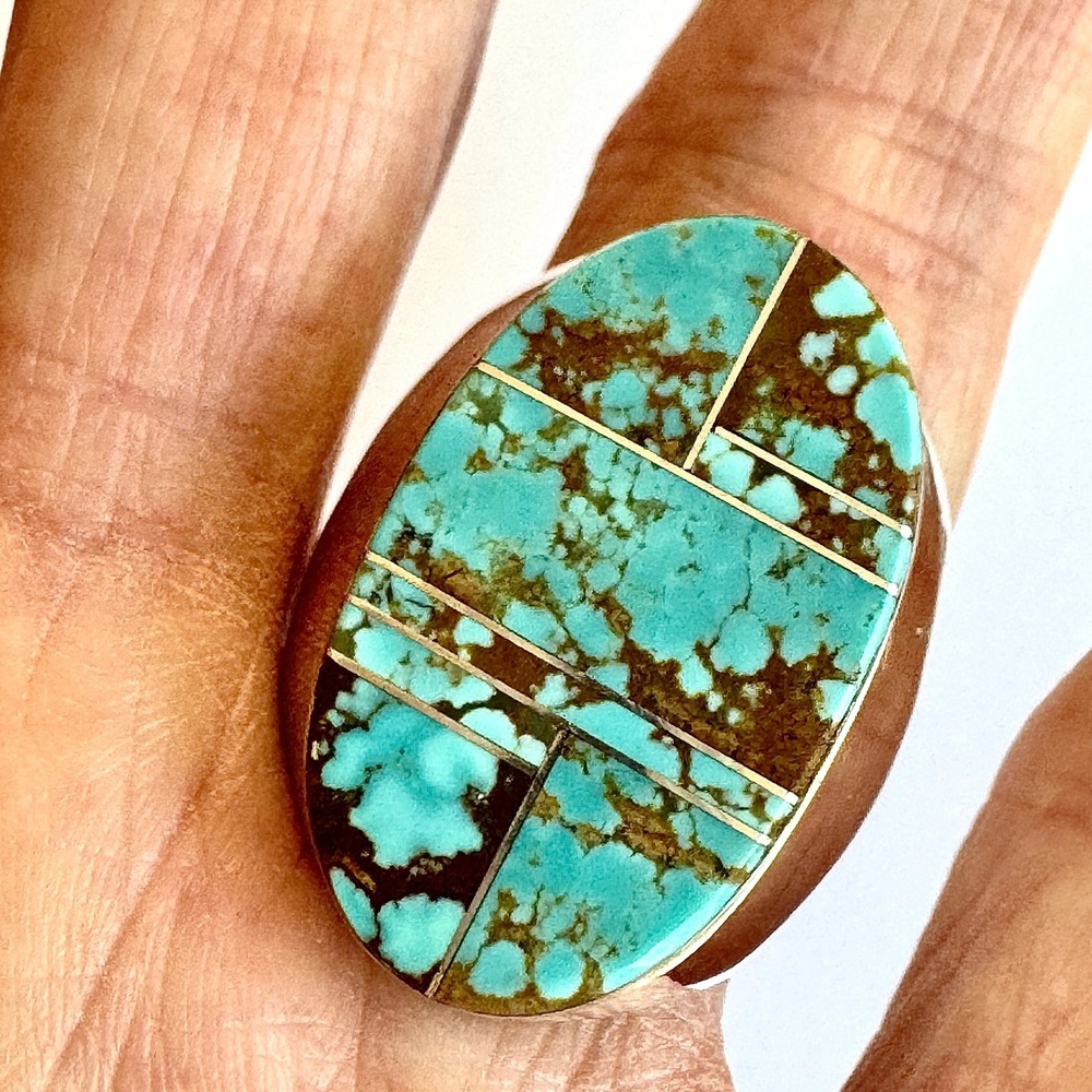 Navajo #8 Mine Turquoise Mens Ring Sz 11 Signed WG Sterling Inlay Oval Native